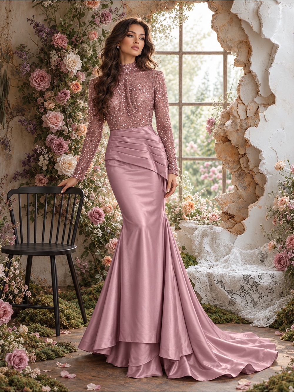 NWT Dusty Rose Sequin Satin Mermaid Gown Size 6 Formal Evening Dress